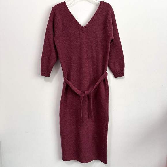 Woodward Lothrop Sweater Dress M Lambswool Double V Belted Knit Vintage Berry - Picture 1 of 8